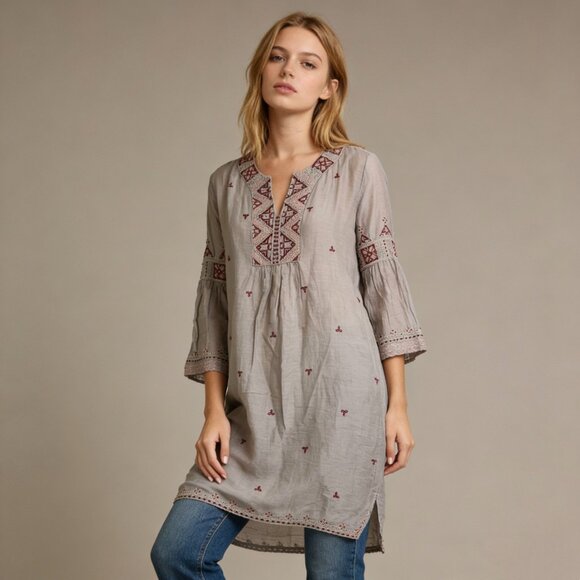 NWOT Johnny Was Embroidered Gray Ava Flare Sleeve Tunic Blouse Silk Blend  Size S